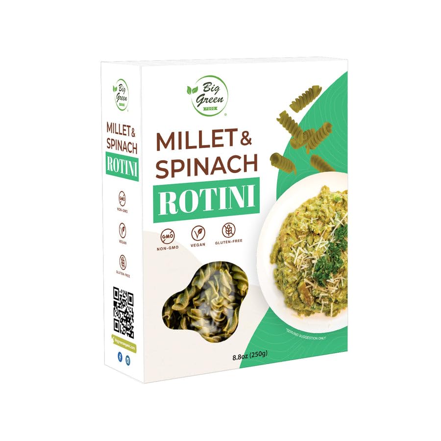 Big Green Food - Millet & Spinach Rotini Pasta, Gluten-Free, Non-GMO, Vegan, Wheat-Free, Made with Millet and Spinach (3 Boxes)