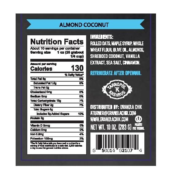 Granolachik Artisanal Granola Bark, Vegan, No Refined Sugars Maple Syrup Sweetened (Almond Coconut, 1 Pack)