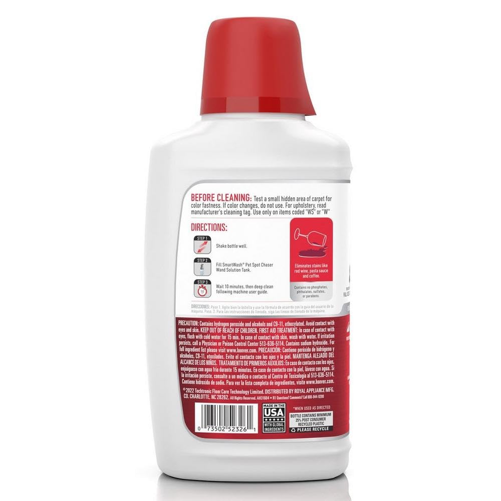 Hoover Oxy Spot Chaser Cleaner Solution Refill for SmartWash Pet, 32 oz., Stain Remover and Pretreat formula, Upholstery and Carpet Shampooer