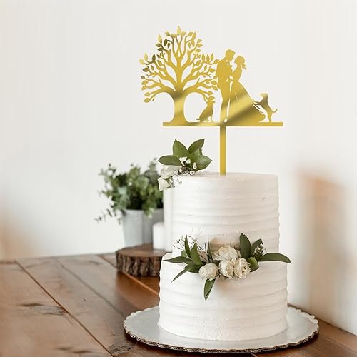 Acrylic Mr & Mrs Cake Topper -Wedding Engagement Bridal Shower Cake Topper,Bride Hold Groom with Flowers Besides 2 Pet Dogs Silhouette Cake