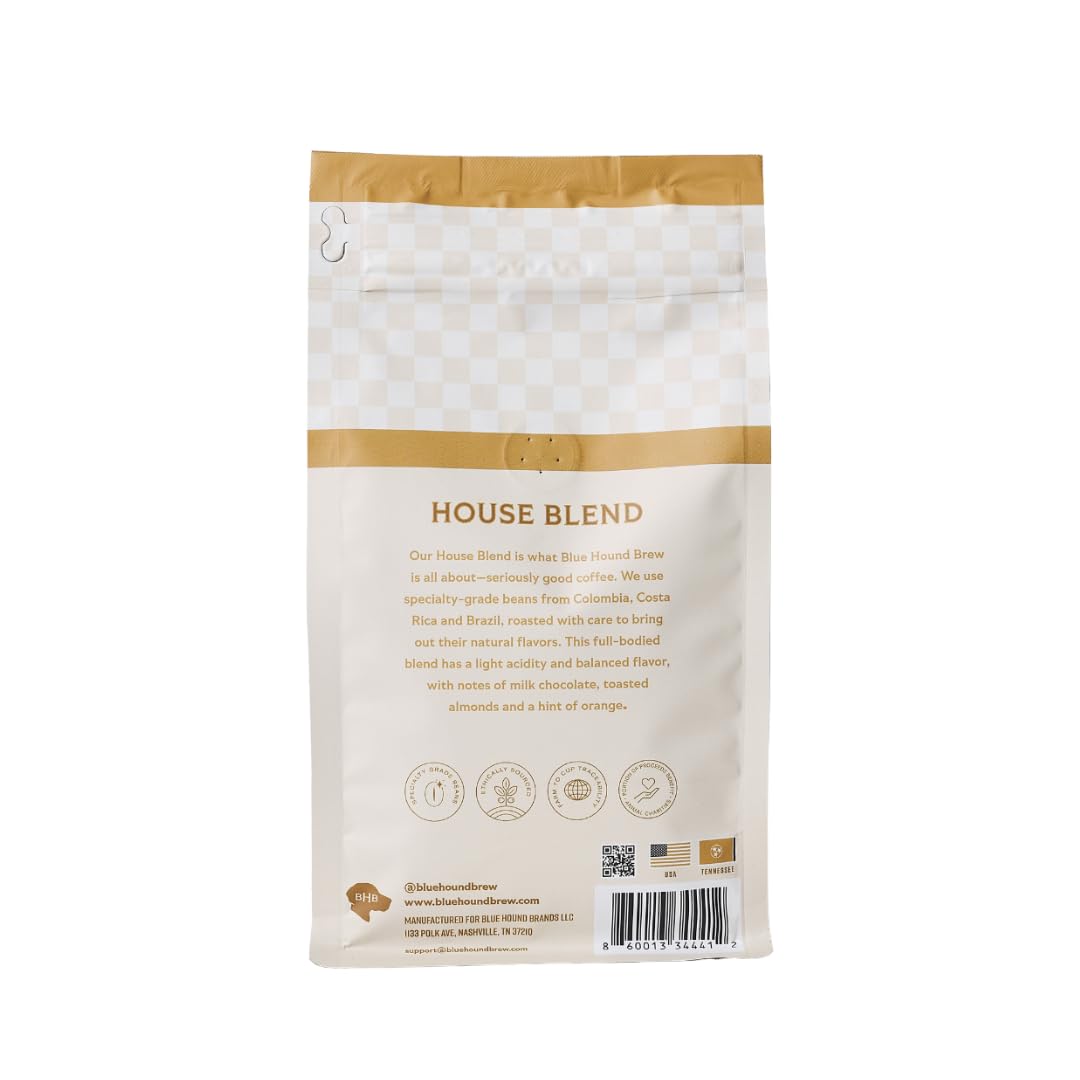 Blue Hound Brew House Blend Whole Bean Coffee, 12oz | Specialty Grade 100% Arabica, Colombia Costa Rica Brazil Blend, Medium Roast, Notes of Milk