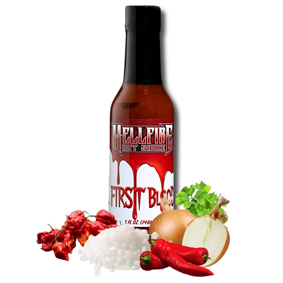 Hellfire Hot Sauce First Blood - Natural Gourmet Hot Sauce with Vegan Four Pepper Blend, 5 oz.