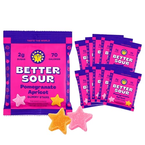 Better Sour Pomegranate Apricot Gummy Stars Candy, Healthy Candy with Low Sugar Gummies, Fiber Gummies with Added Fiber (Pack of 10)
