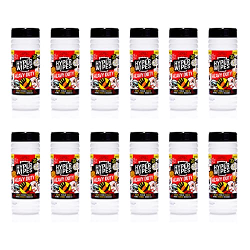Hyper Wipes, 12 Pack Heavy Duty Hand & Tool Cleaning Wipes, 7"x12" Size Multi-Surface Cleaning Wipes, Degreasing, All Purpose Cleaner, Bathroom