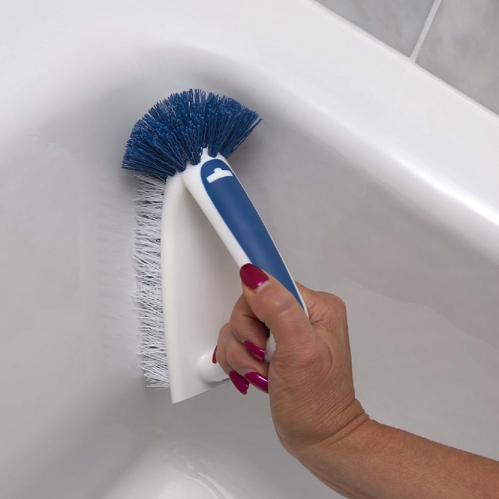 Unger 2-in-1 Bath and Tile Scrubber Brush Tool, Crevice Cleaning Supplies, Dishwasher Safe, Rounded Bristles for Bathroom Scrubbing, Great for Tile