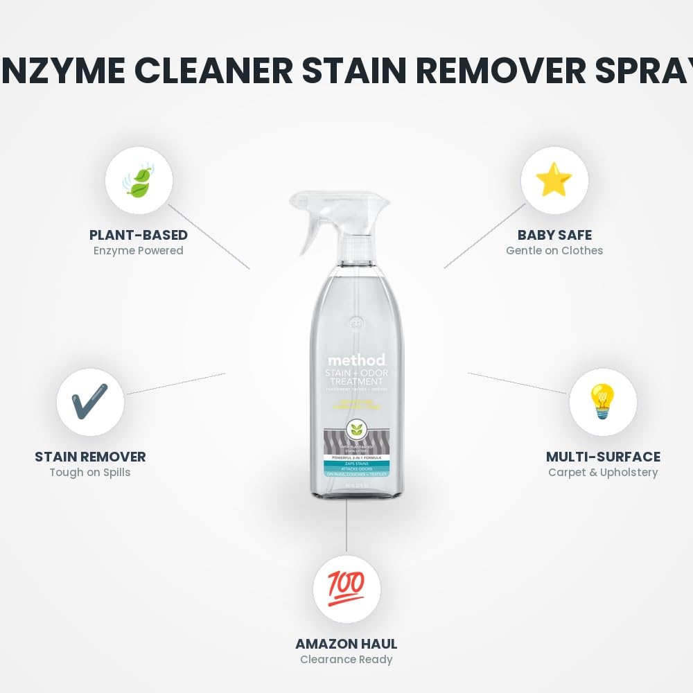 [4 Pack] Spearmint Sage Scent Stain and Odor Remover 20 oz Spray with Adhesive Remover - Stain Remover Spray - Enzyme Cleaner, Laundry Booster