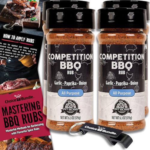 Pit Boss Competition BBQ All Purpose AP Premium Barbecue Mixed Seasoning Spice & Rub 4 pk Choice Bundle (25.2 oz) + Guide & Keychain Bottle Opener (6