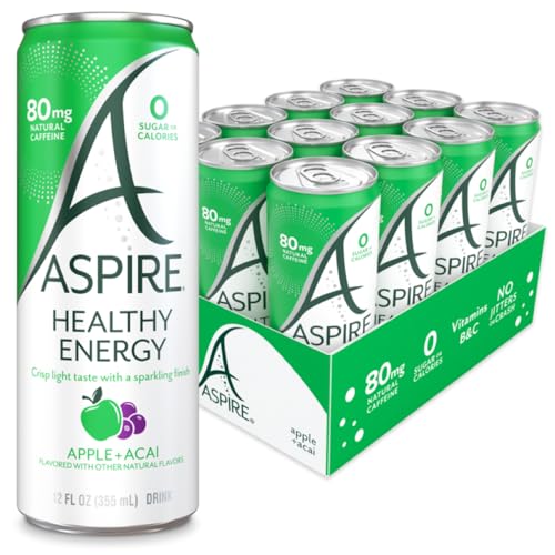 ASPIRE® Apple Acai, Healthy Energy Drink 80mg Natural Caffeine, Zero Sugar No Carbs Keto Friendly, 12 Pack Green Tea Sugar Free Drink Low Caffeine