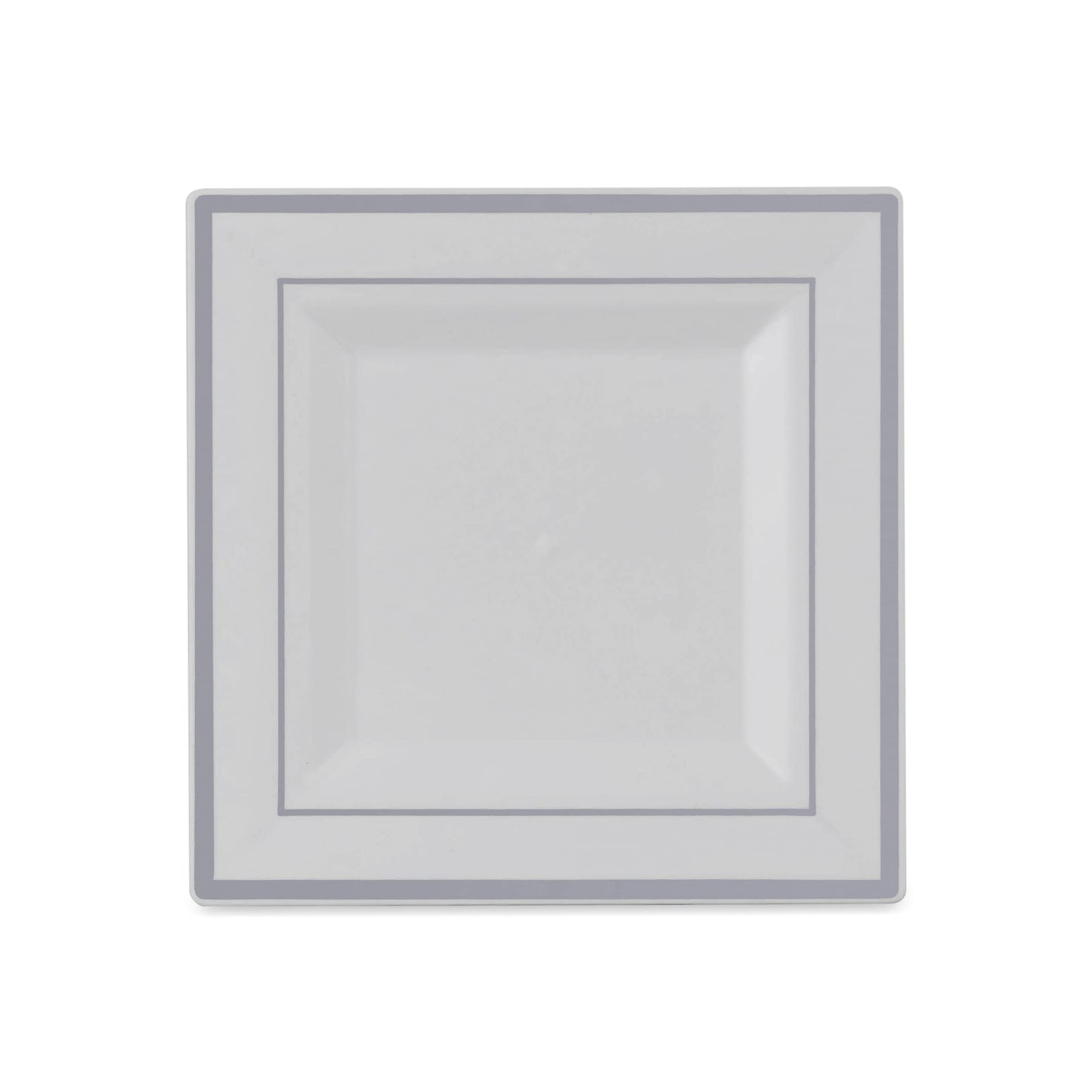 BloominGoods Plastic Disposable Square Dessert Plates | 50-Pack 6.5 inches White with Silver Rim Square Plates | Ideal for Weddings, Parties, Catering