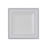 BloominGoods Plastic Disposable Square Dessert Plates | 50-Pack 6.5 inches White with Silver Rim Square Plates | Ideal for Weddings, Parties, Catering