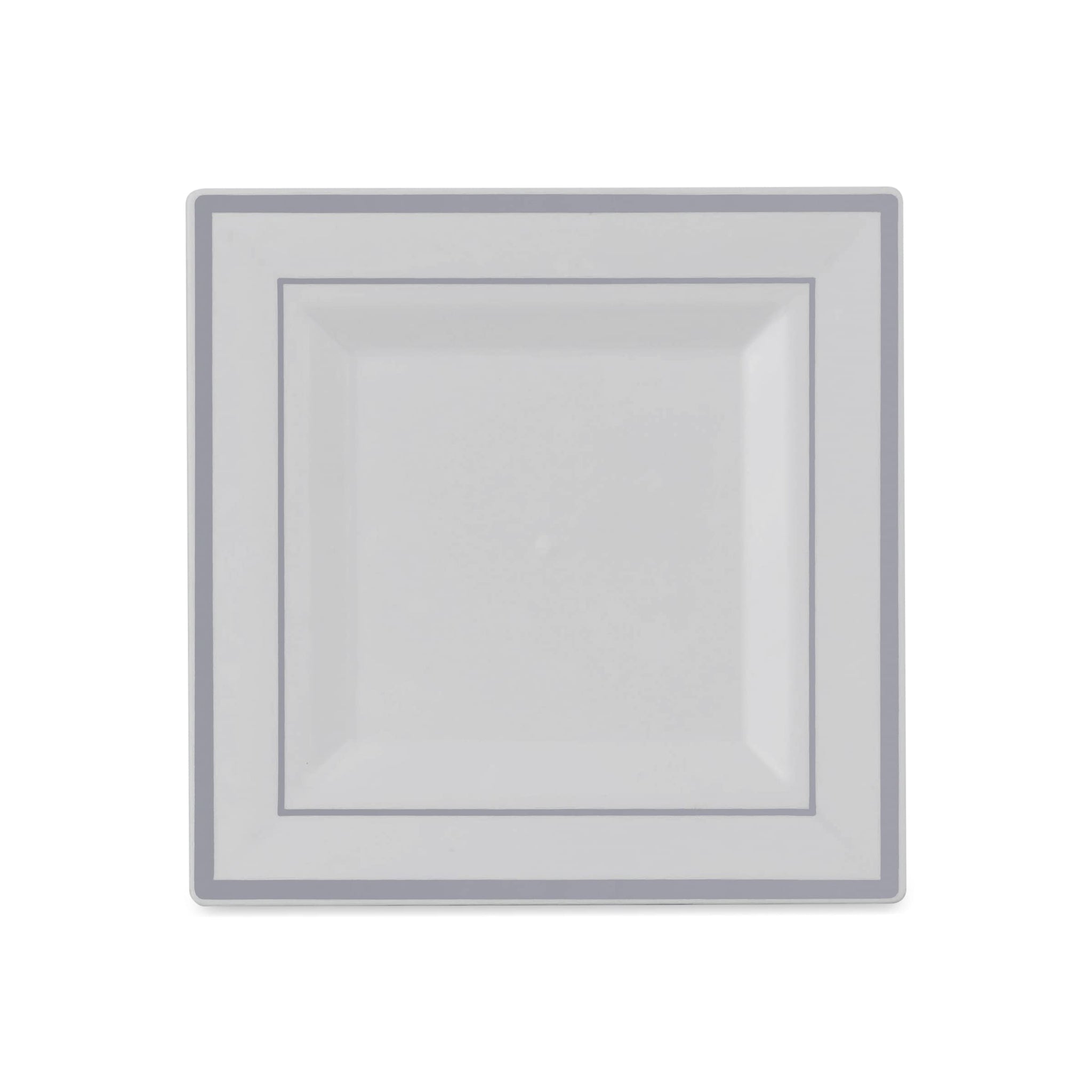 BloominGoods Plastic Disposable Square Dessert Plates | 50-Pack 6.5 inches White with Silver Rim Square Plates | Ideal for Weddings, Parties, Catering