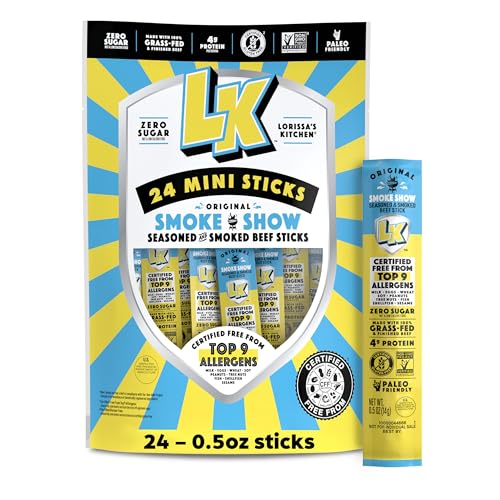 Lorissa's Kitchen Smoke Show Seasoned & Smoked Mini Beef Sticks - (Pack of 24) 0.5 oz Meat Sticks - Ready to Eat Protein Snacks - Free from Top 9