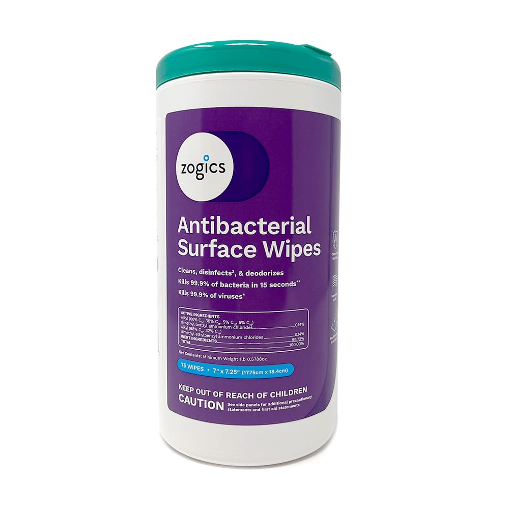 Zogics Antibacterial Disinfecting Wipes, 75-Count Canister (Case of 6 Canisters), Alcohol-Free Multi-Surface Wipes