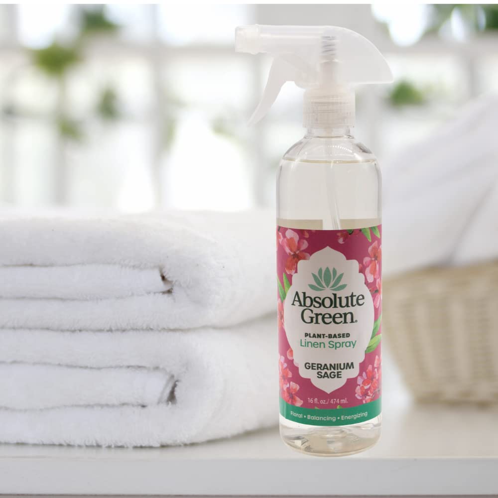 Absolute Green Linen and Fabric Spray, Fabric Freshener, Sheets, Towels, Sofa, Pet Safe, Geranium Sage Scent, 16 oz