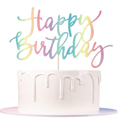 Auteby Rainbow Happy Birthday Cake Topper, Glitter Birthday Party Decoration Supplies