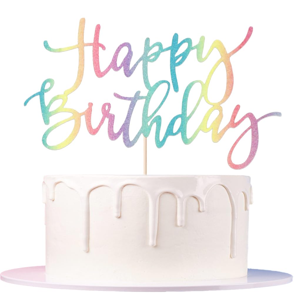 Auteby Rainbow Happy Birthday Cake Topper, Glitter Birthday Party Decoration Supplies