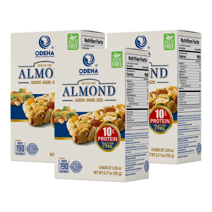 ODEHA Almond Protein Bar - Vegan Snack Bars with Cashews, Raisins & Seeds - MSG Free - Premium Asian Chips - Healthy Snack for Adults and Kids - 6.77