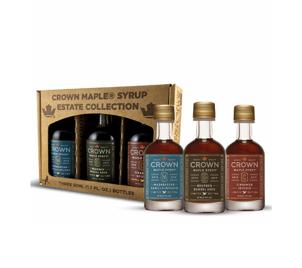 Crown Maple Artisan Trio Collection in Petite 50ML (1.7 Fl. Oz.) Window Box featuring Bourbon Barrel Aged, Madagascar Vanilla Infused, and Cinnamon