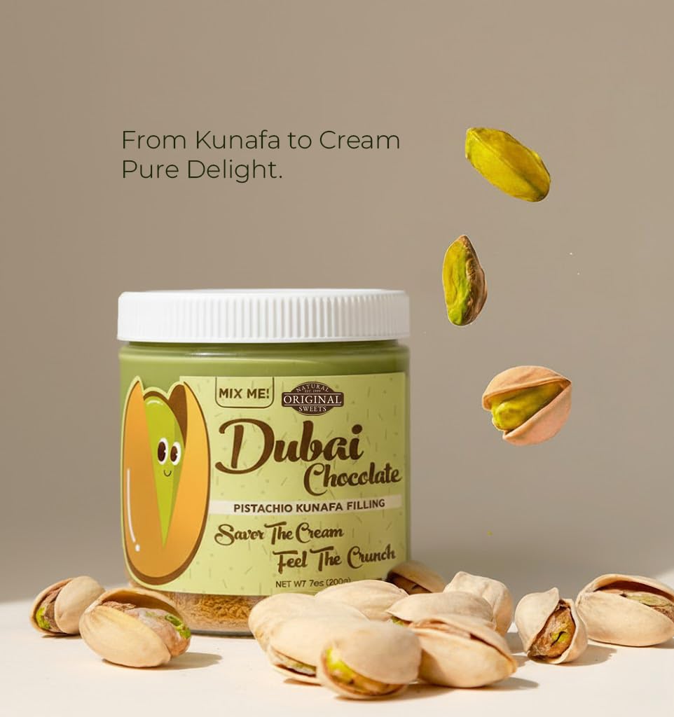 Dubai Chocolate Pistachio Kunafa Filling Spread, Creamy Pistachio Cream with Crunchy Kataifi, Dessert & Chocolate Filling, 7 oz (200g), Original