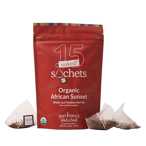 Two Leaves and a Bud Organic African Sunset - 15 Naked Tea Sachets, Naturally Caffeine Free, Whole Leaf Rooibos Herbal Tea in Unwrapped Pyramid