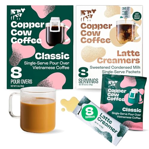 Copper Cow Coffee Pour Over Vietnamese Coffee Pouches + Sweetened Condensed Milk Creamers (8 Coffees & 8 Milk Creamers) | Classic Black Lattes, No