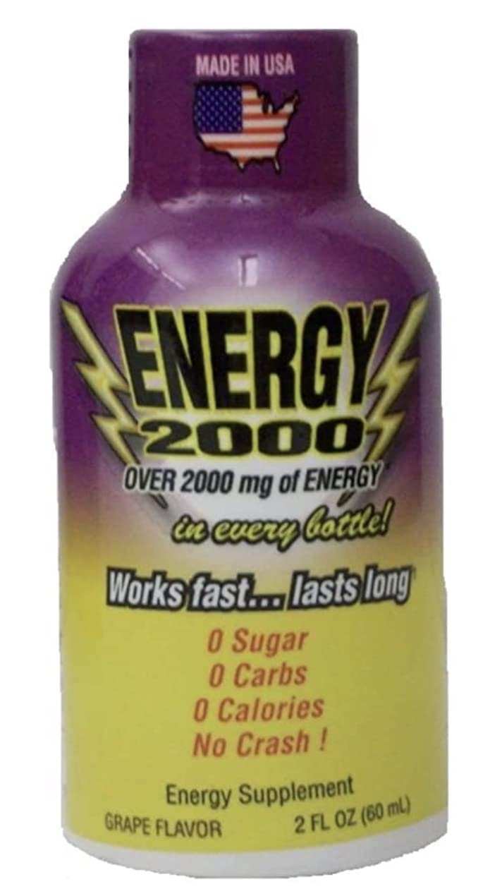 Global Brands Energy 2000 Drink Shot Packs, Over 220mg of Caffeine, No Crash, 12-2oz Bottles (Pack of 12) (Grape)