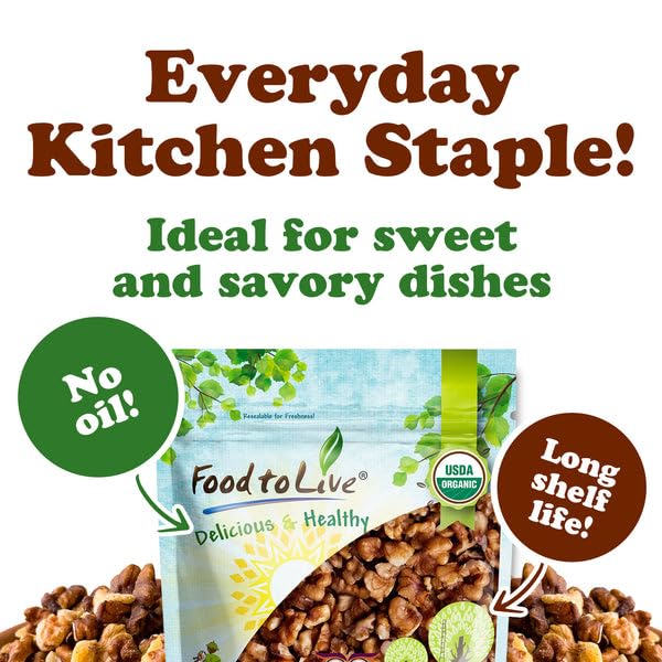 Food to Live Organic Dry Roasted Walnut Halves and Pieces with Himalayan Salt, 8 Ounces - Oven Toasted, Lightly Salted, Great for Baking and Cooking