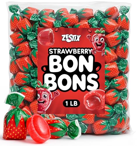 Strawberry Bon Bons Hard Candy, 1LB Bulk Bag - Individually Wrapped Old Fashioned Strawberry Filled Hard Candy with Soft Chewy Center, Classic Candy