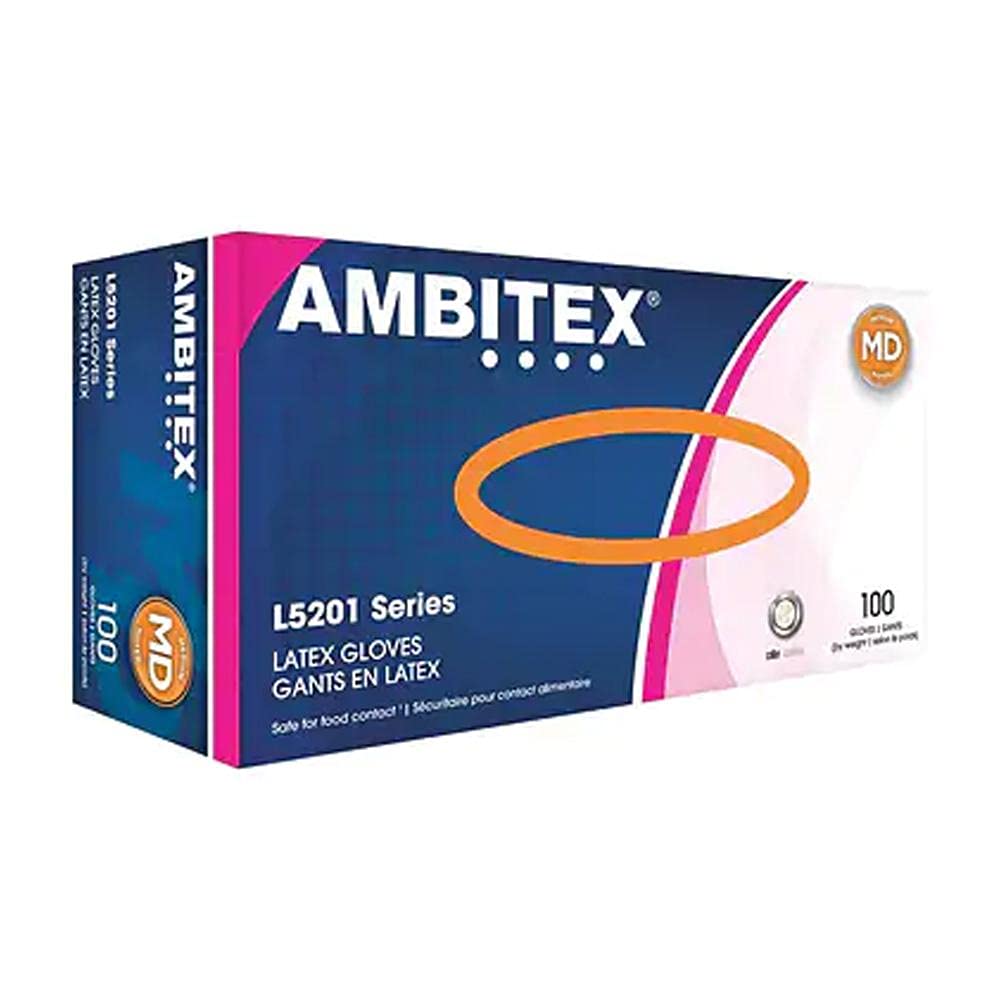 Ambitex LMD5201 Medium Latex Disposable Powder-Free USDA-Approved Gloves (100 Gloves)
