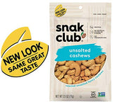 Snak Club Roasted & Unsalted Cashews, 2.5 Ounce (Pack of 6)