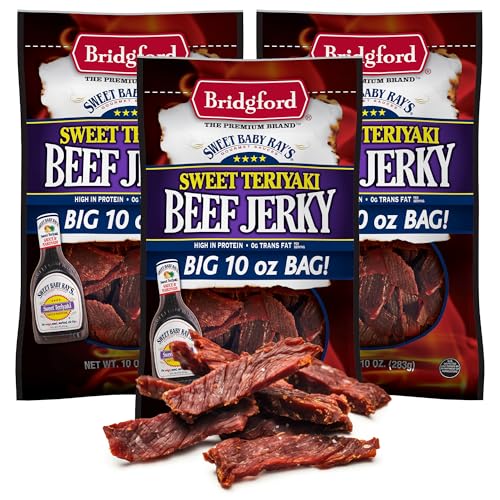 Bridgford Sweet Baby Ray's Beef Jerky Sweet Teriyaki 10 oz Pack of 3 - High Protein Beef Jerky for Low Carb and High Protein Diets - Ready-to-Eat