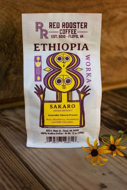 Red Rooster Coffee, Ethiopia Worka Sakaro Anaerobic Natural Coffee - Light Roast, Single Origin Landrace - Notes of Raspberry Tea, Milk Chocolate