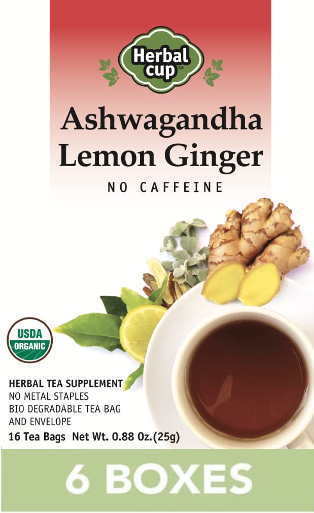 Herbal Cup Ashwagandha Tea, Organic Lemon Ginger, No Caffeine Herbal Teas (Organic Lemon Ginger, 16 Count (Pack of 6))