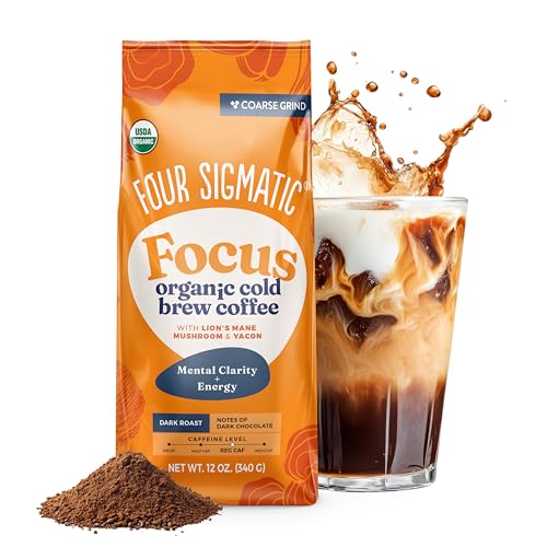Four Sigmatic Organic Cold Brew Coffee Grounds | Dark Roast, Coarse Grounds with Lion's Mane and Chaga | Cold Brew Mushroom Coffee for Crash-Free