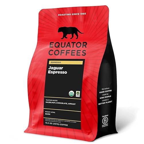 Equator Coffees, Jaguar Espresso, Organic Whole Bean Coffee, Dark Roast, Fresh Roasted, Hazelnut, Chocolate & Apricot Flavor Notes, Sustainable