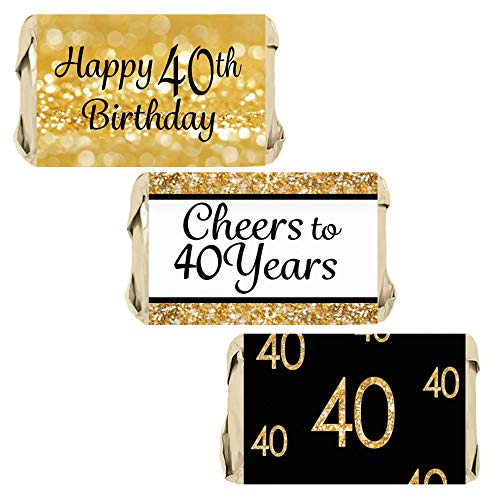DISTINCTIVS Black and Gold 40th Birthday Mini Candy Bar Wrappers - 42 Count - 40th Birthday Party Favors for Men and Women