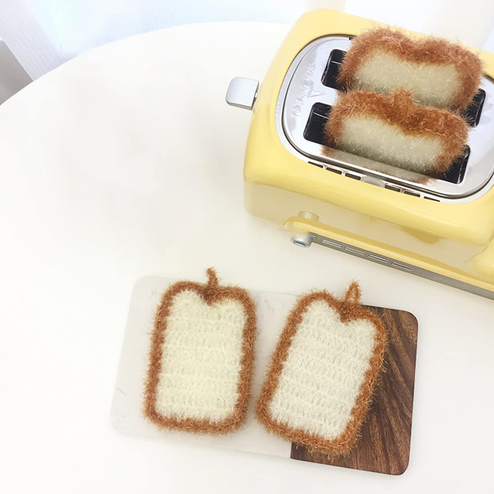 5 Pcs Cute Crochet Scrubbers, Toast Shaped No Odor Non-Scratch Reusable Scrub for Kitchen and Household Use Double Layered Scrubbers Cleaning Wash