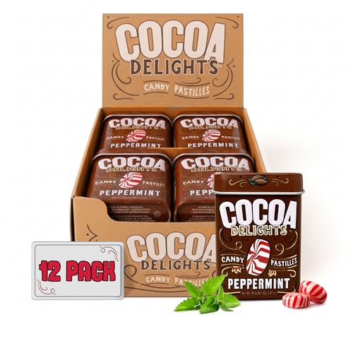 Cocoa Delights Chocolate Peppermint Candy Pastilles - 30 Count Tin (Pack of 12) | Vegan, Gluten Free & Kosher Certified | Travel Size Bulk Candy Tins