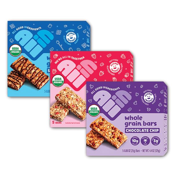 All In Snack Bars Allergen Friendly Variety Pack - S’Mores, Chocolate Chip, & Strawberry - Gluten Free - Organic - Non-GMO - Low Sugar - High Fiber