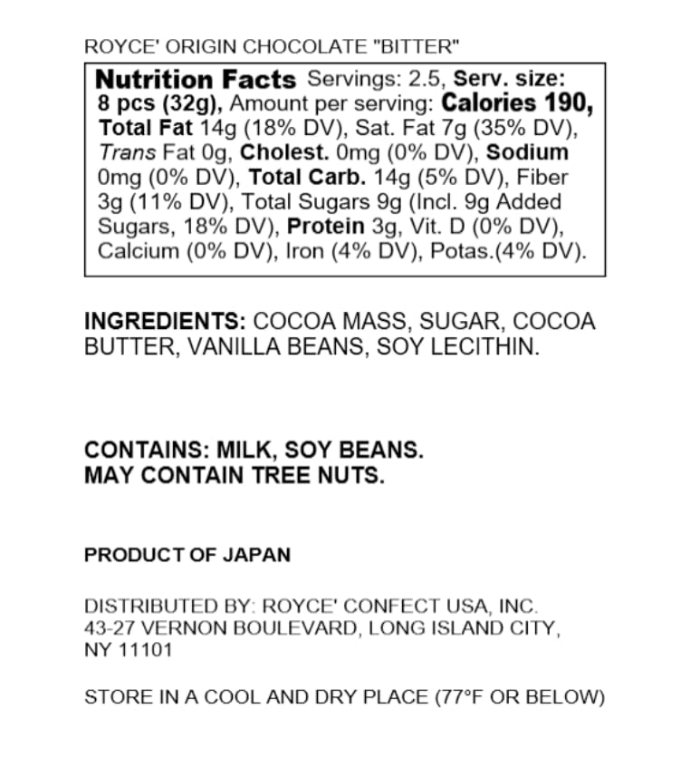 ROYCE' Origin Chocolate "Bitter"' - Assortment of Dark Chocolate Squares | Ideal for Baking and Desserts| No Artificial Preservatives | Japanese