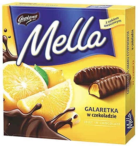 Jutrzenka MELLA Chocolate Coated Jelly Variety Pack of 4 x 6.7 oz. ORANGE, LEMON, CHERRY & BLACKCURRANT. Product of Poland.
