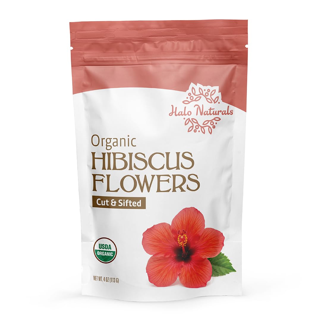 Halo Naturals Organic Hibiscus Flowers Cut & Sifted, 4 Ounces (Hibiscus sabdariffa) USDA Certified | Resealable Pouch| Packaged in The USA