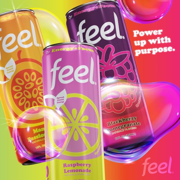 FEEL Variety Pack - Sparkling Zero Sugar Energy Drink - 3 Flavor Assortment, 140mg Plant-Based Caffeine from Green Coffee Beans + L-Theanine - Vitamin
