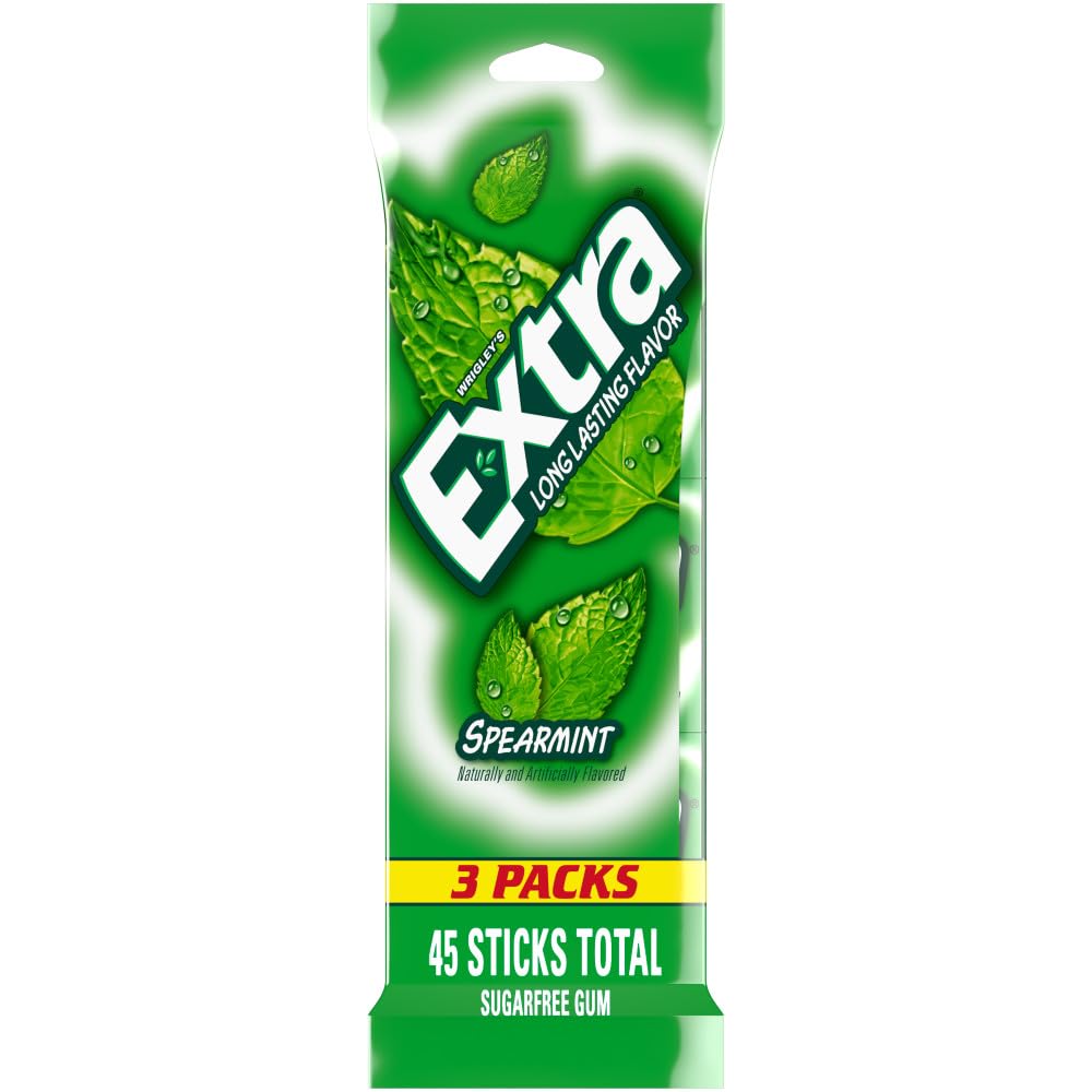 EXTRA Spearmint Sugar Free Chewing Gum, 3 Pack Bulk Gum (45 Sticks Total), Long-Lasting Fresh Breath, Individually Wrapped