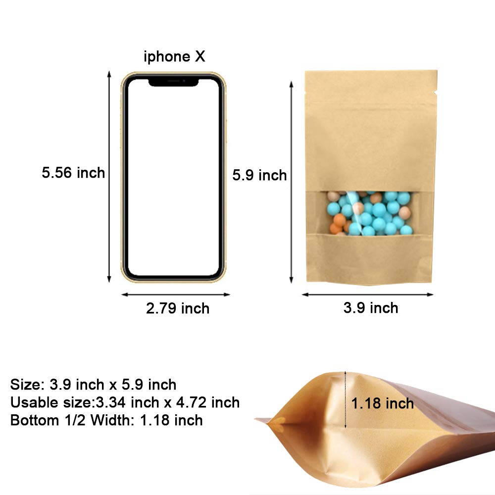 100 Pcs Resealable Stand Up kraft Paper Bags with Window for Packaging Products, Reusable Zip Lock Food Storage Pouch Bags (3.9" x 5.9")