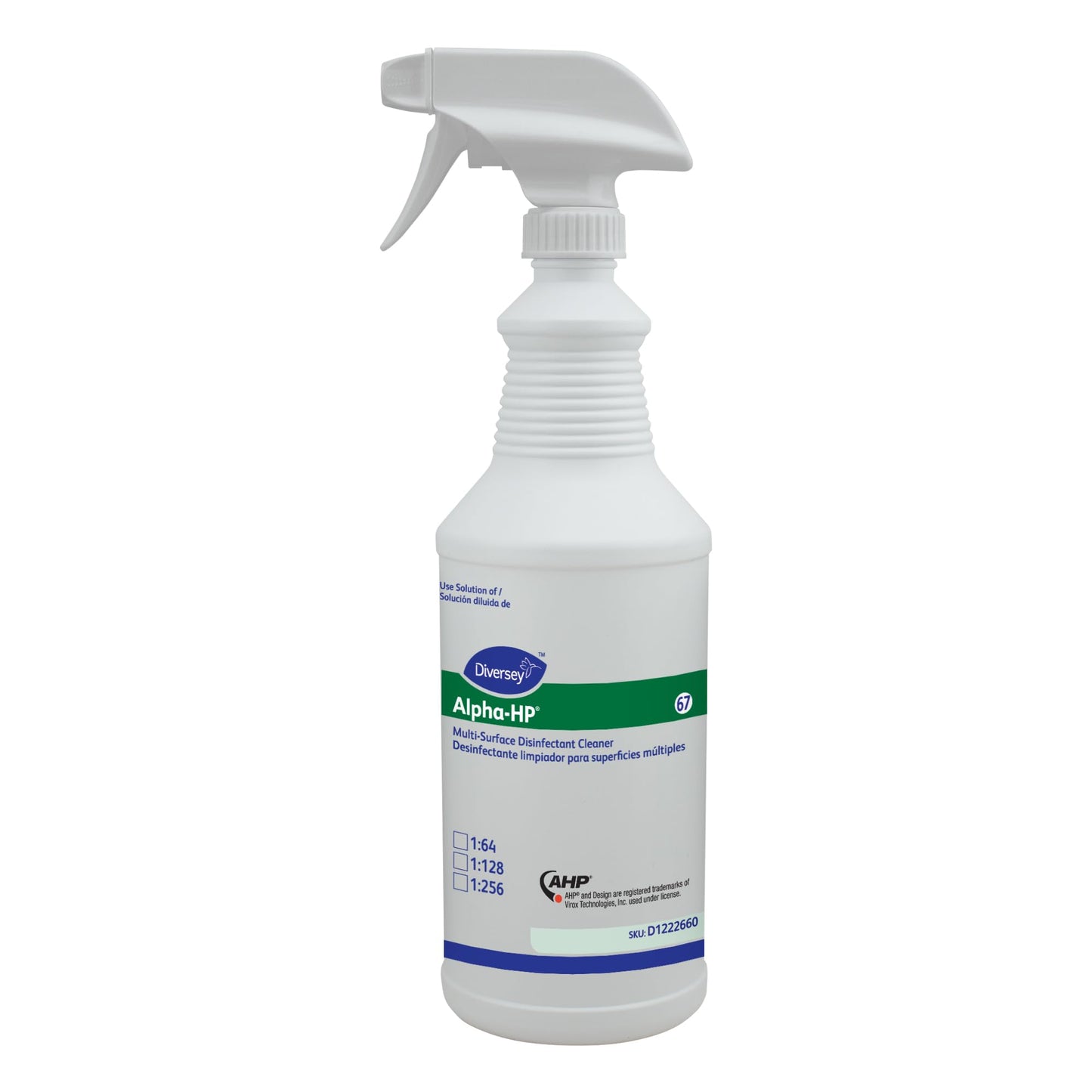 Diversey D1222660 Alpha-HP Multi-Surface Disinfectant Cleaner, Empty Refill Bottles with Preprinted Label and sprayer nozzle, 32-Ounce