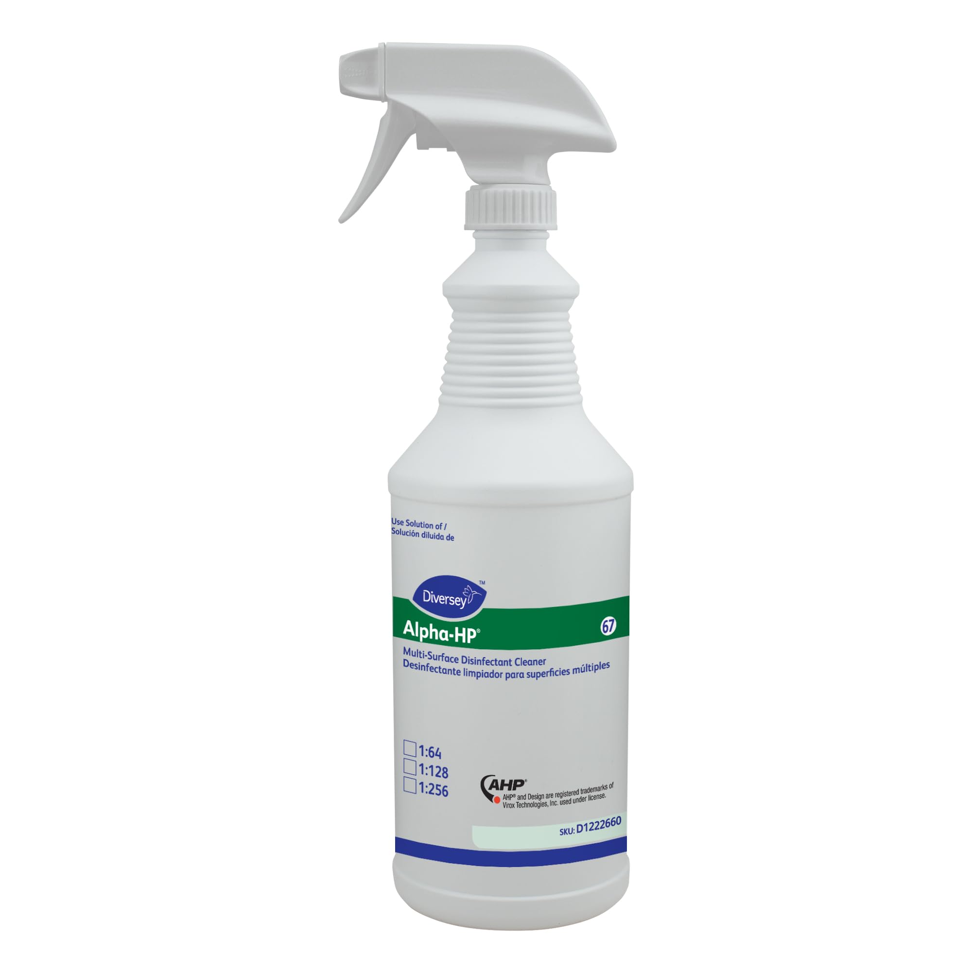Diversey D1222660 Alpha-HP Multi-Surface Disinfectant Cleaner, Empty Refill Bottles with Preprinted Label and sprayer nozzle, 32-Ounce