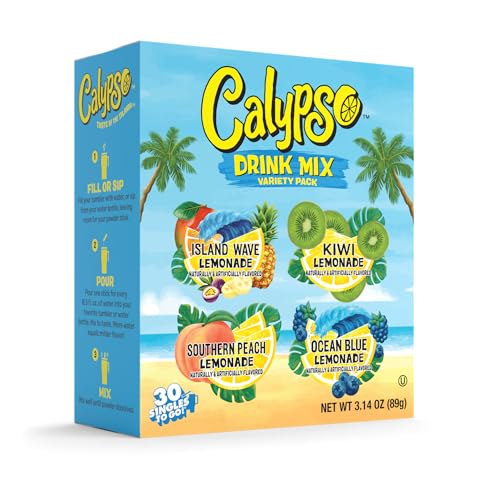 Calypso Singles To Go! Drink Mix Variety Pack - On-the-Go Powdered Drink Mix Packets - Low Calorie Water Enhancer - Island Wave, Kiwi, Southern Peach
