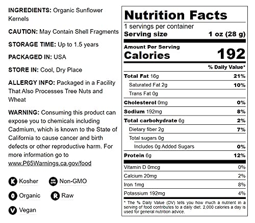 Food to Live Organic Sprouted Sunflower Seeds, 2 Pounds - Non-GMO, Kosher, No Shell, Unsalted, Raw Kernels, Vegan Superfood, Sirtfood, Bulk