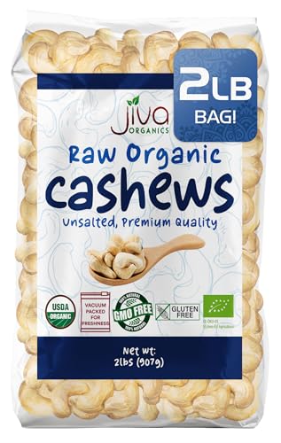 Organic Raw Cashews 2 LB Bag, Gluten-Free, Non-GMO, Vegan, Whole Raw Nuts, Unsalted, Unroasted, Crunchy & Healthy Snack, For Baking & Cooking by Jiva